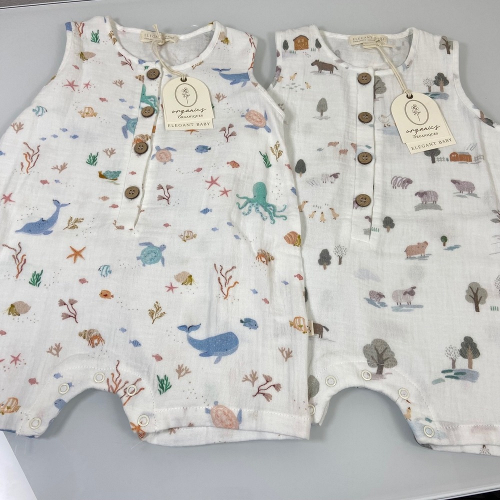 Elegant Baby Boy 9-12M Set of 2 White Romper NEW Organic Cotton Muslin Gauze